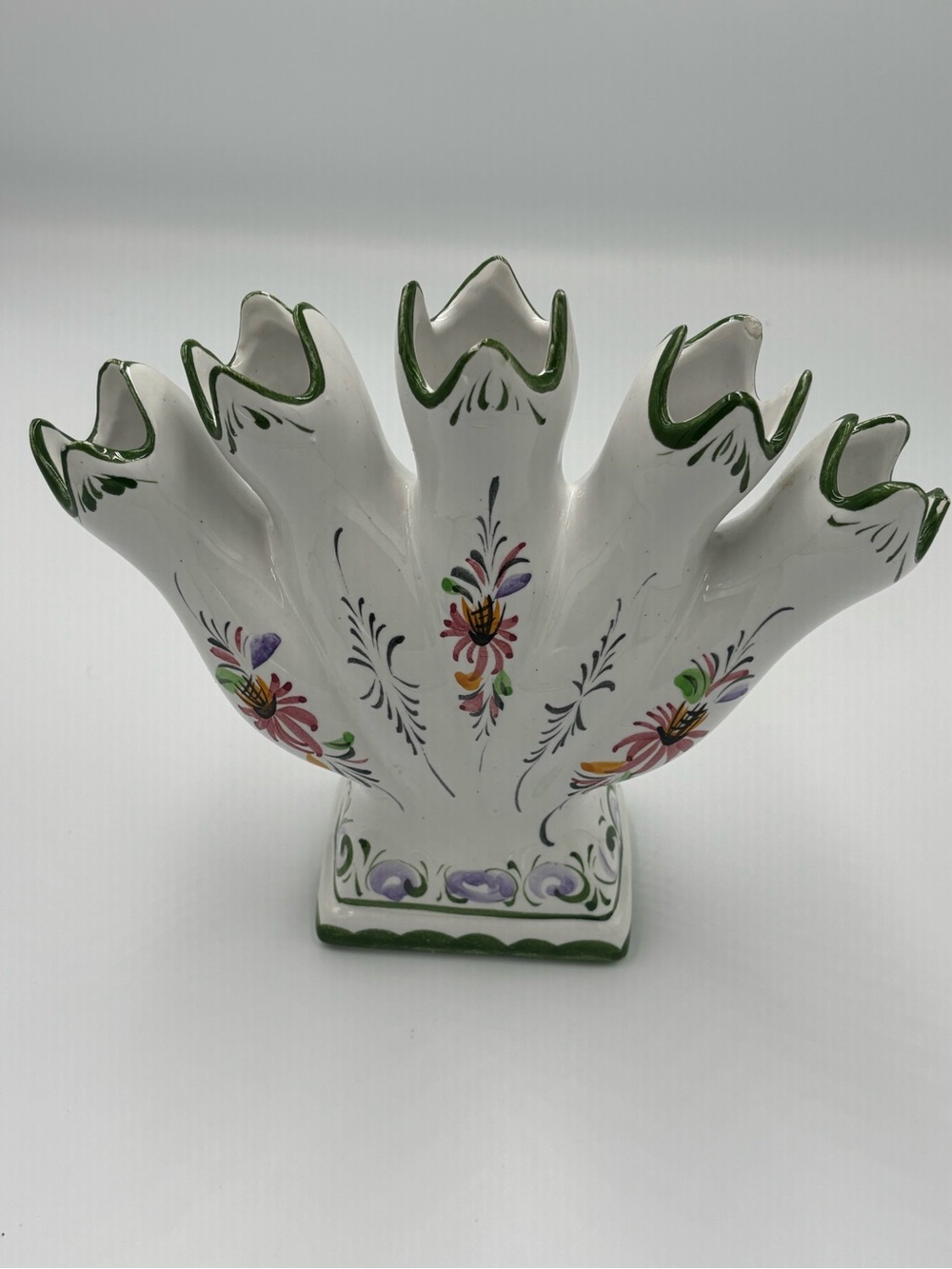 Vintage Handpainted 5 Finger Bud Vase Portugal Signed